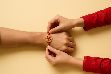 Sister tying rakhi on brother’s wrist, traditional raksha bandhan festival celebration, love and protection, yellow background