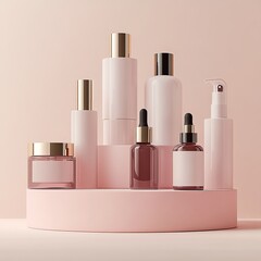 An elegant podium in pink color showcasing a selection of female skincare bottle 
