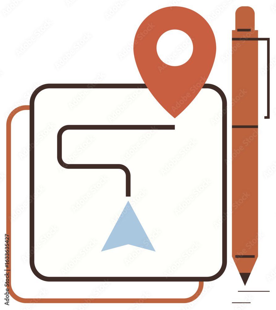 Poster map pointer and direction arrow over a square graphic with a pen. ideal for navigation, planning, di