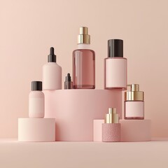 An elegant podium in pink color showcasing a selection of female skincare bottle 
