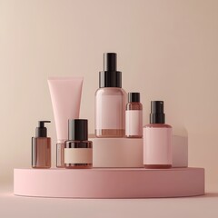 An elegant podium in pink color showcasing a selection of female skincare bottle 
