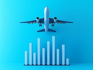 Bar graph ascending with airplane flying symbolizing rate planning aviation