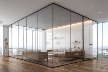 Modern glass-walled office lounge with city view