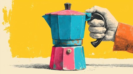Vibrant Hand-Drawn Illustration of a Retro Moka Pot, Colorful Kitchenware, Coffee Brewing, Vintage Design Element