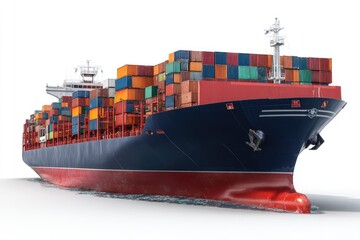 Cargo ship, full of containers, on white background
