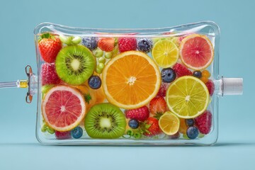 Bright and colorful IV bag filled with fresh fruit slices adds a lively touch to wellness and hydration in a health-focused setting