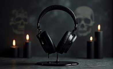 floating black headphones, gothic ambiance