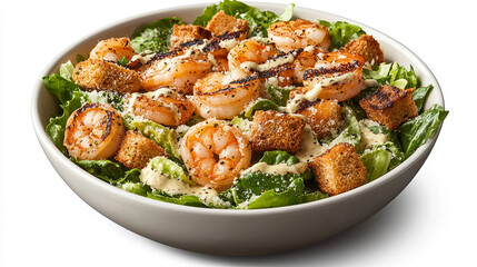 Fototapeta premium Savory Seafood Salad: A culinary masterpiece presents a vibrant salad bowl filled with succulent shrimp, crispy croutons, and fresh romaine lettuce, drizzled with a creamy dressing.