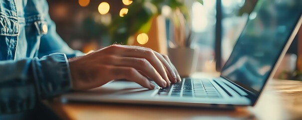 Man typing on a laptop computer at a coffee shop, close-up of hands and keyboard, blurred background.