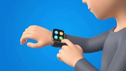 Cartoon Boy Interacting with Smartwatch Interface on Blue Background - Powered by Adobe
