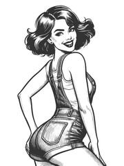 pin-up girl in short denim overalls, striking playful pose sketch engraving generative ai fictional character vector illustration. Scratch board imitation. Black and white image.