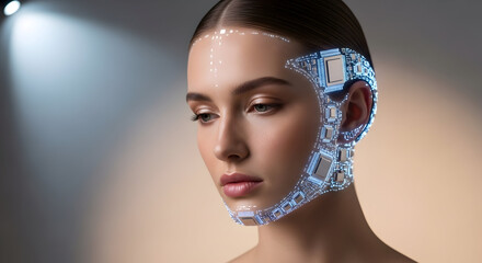Futuristic woman with cybernetic facial enhancements and sleek hairstyle showcasing advanced technology and innovative design in a modern sci fi setting for high tech themes
