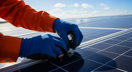 Skilled hands carefully installing solar panels on a sunny day, capturing clean energy.