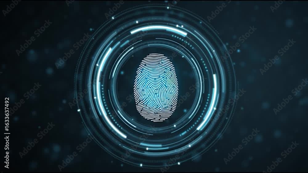 Poster a futuristic digital fingerprint surrounded by glowing circular patterns on a dark background.