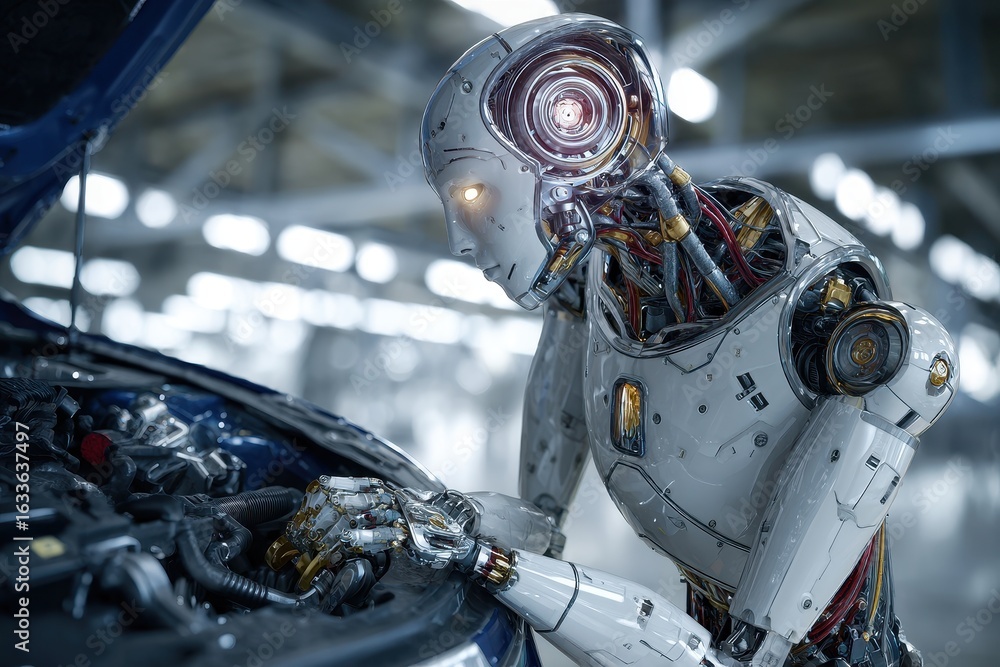 Aufkleber humanoid robot performs mechanical adjustments on vehicle engine in workshop