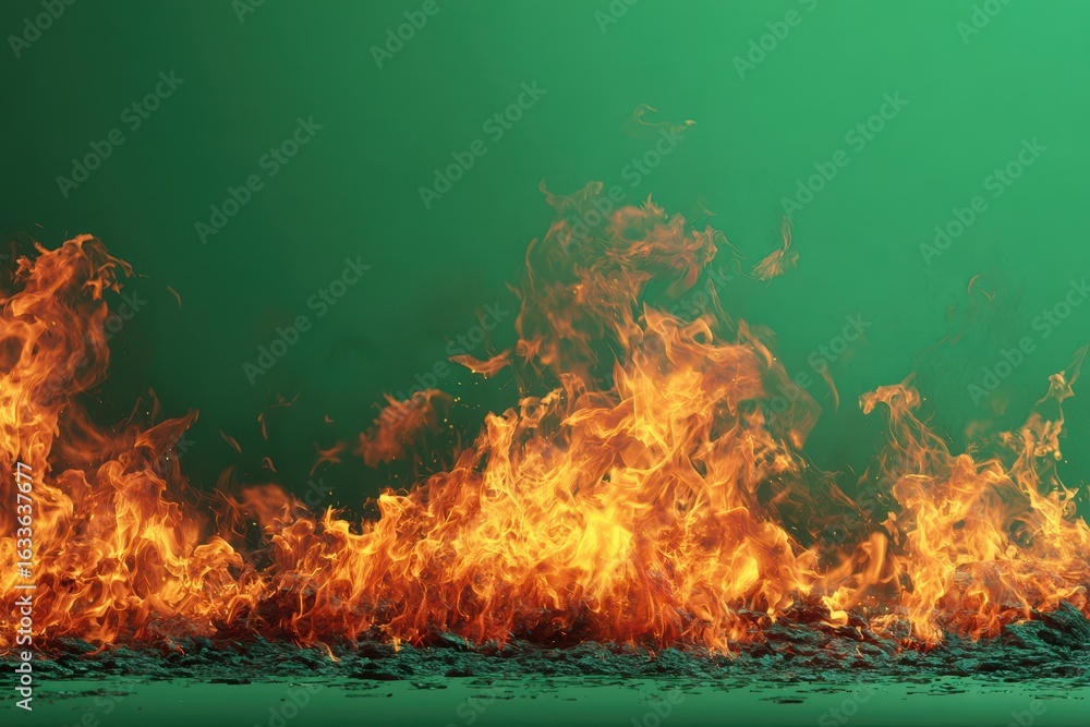 Poster dynamic flames flicker vividly against a green screen backdrop, creating an intense and captivating 