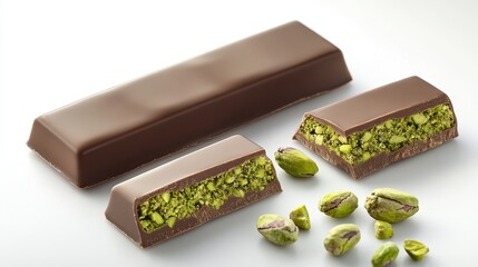 Milk chocolate bar filled with pistachio paste  isolated white background
