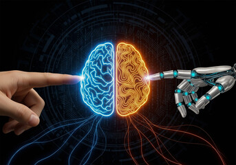 Human finger and robot hand connecting to glowing digital brains with binary code