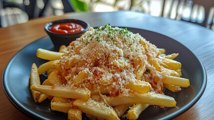 Golden fries and a red dip: A tantalizing arrangement of crispy golden french fries, lavishly topped with a sprinkle of cheese and herbs, perfectly placed on a black plate.