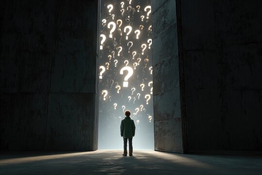 Dark hallway, open doorway, many question marks