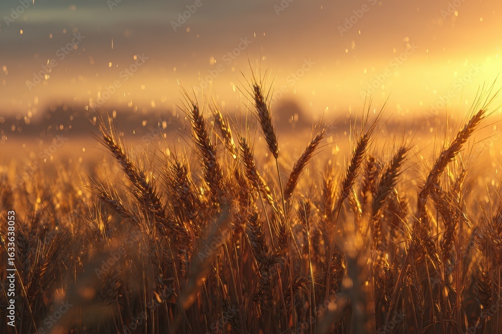 Poster golden wheat field illuminated by warm sunset light creating a serene atmosphere with gentle breezes