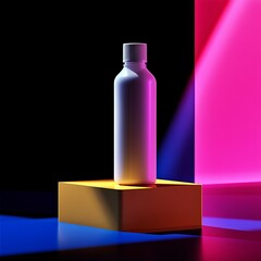Plastic bottle presented on a yellow stand with a background