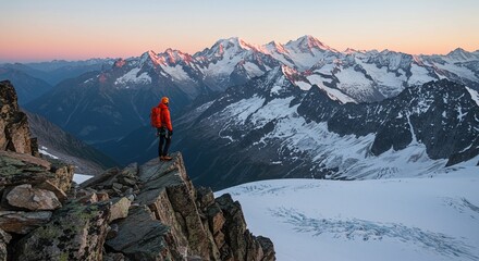 Lone Climber on a Rocky Ledge Beholds a Majestic Alpenglow on Alpine Peaks