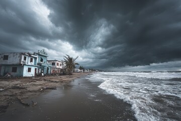 Dark storm clouds gather over a coastal beach, creating an ominous atmosphere as waves crash against the shore during an impending weather event