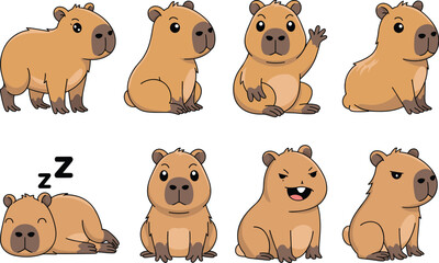 Cute capybara cartoon vector set, funny animal character in various poses, sleeping, sitting, waving, adorable expression clipart illustration