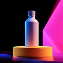 Plastic bottle presented on a yellow stand with a background
