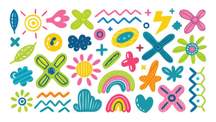 Illustration showing a collection of colorful hand drawn abstract shapes and design elements on white background
