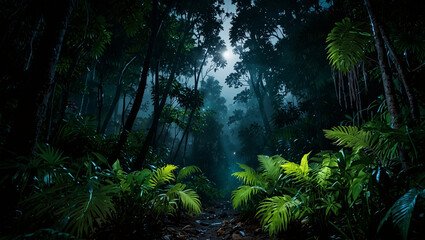 Dense Jungle at Night with Moonlight and Lantern Glow
