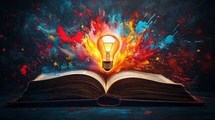 An open book with a glowing light bulb floating, symbolizing knowledge and creativity