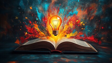 An open book with a glowing light bulb floating, symbolizing knowledge and creativity