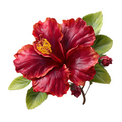 Fototapeta premium A vibrant red hibiscus flower in full bloom, isolated on transparent background, highlighting its exotic petals and tropical essence