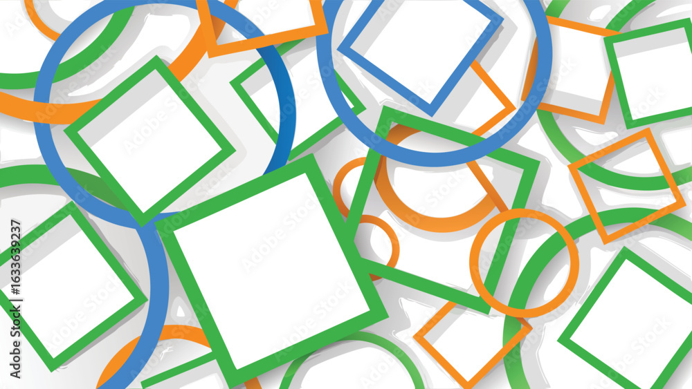 Poster overlapping geometric shapes in green orange and blue colors on a white background creating a patter