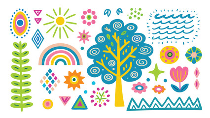 Colorful folk art illustration featuring a tree rainbow sun and various geometric shapes on a white background