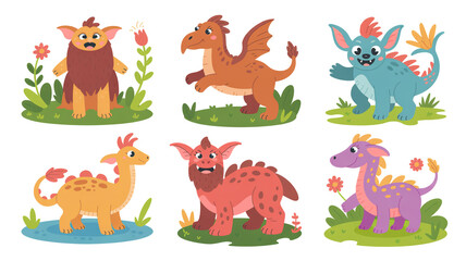 Obraz premium Set of cute cartoon monsters isolated on white background, fantasy creatures, funny animals, fairy tale characters, dragon and other mythical beasts