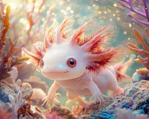 Cute axolotl surrounded by coral. AI.