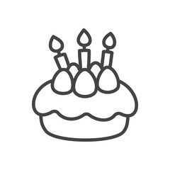 Cute birthday cake icon. Monochrome illustration of a creamy cake with strawberries and three festive candles. Kawaii sticker. Vector 10 EPS.
