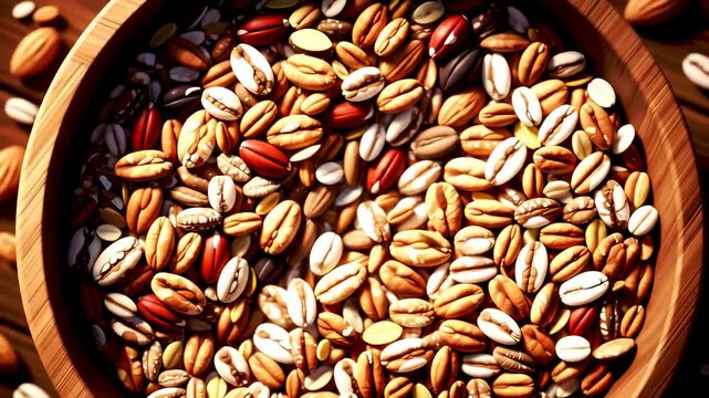 Wooden bowl filled with colorful, kidney-shaped seeds. Close-up, warm lighting