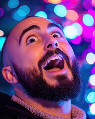 Excited gaze upwards at bright lights. AI.