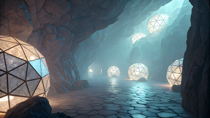 Glowing geodesic spheres in a cavernous tunnel image