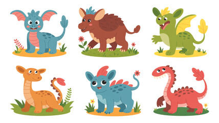 Obraz premium Collection of cute cartoon dragons in various colors and poses, isolated on white background, perfect for childrens illustrations and fantasy art