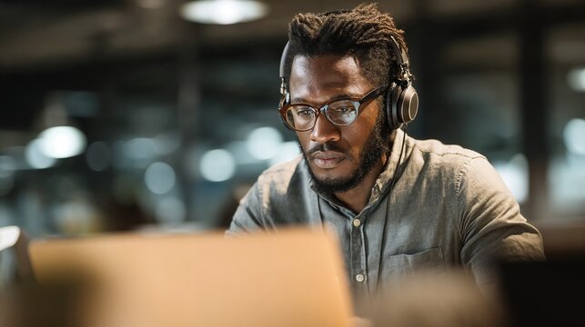 African Americam man wearing glasses and headphones working on laptop in a modern office, fully focused and immersed in digital task