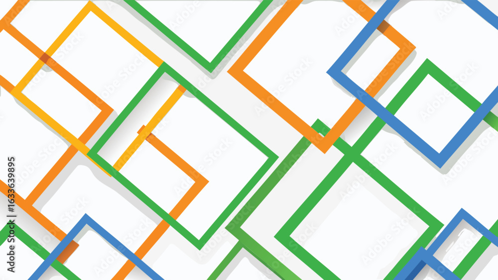 Aufkleber overlapping colorful square outlines in blue green and orange on a white background creating a patte