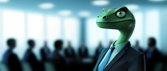 Lizard person attends a meeting. AI.