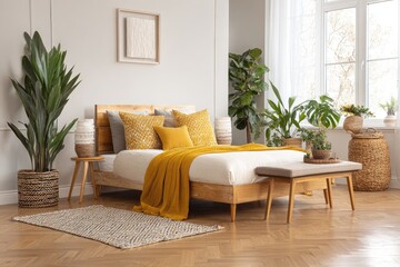 Modern bedroom with mustard yellow accents and plants