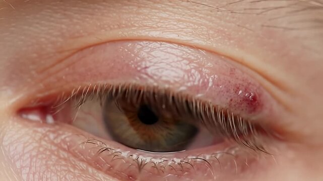 Close up of a human eye with hazel iris and swollen, red eyelid, showing vasculature