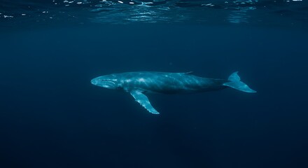Fototapeta premium A magnificent ocean giant, a gray whale, glides silently through the deep and clear blue water of the sea.